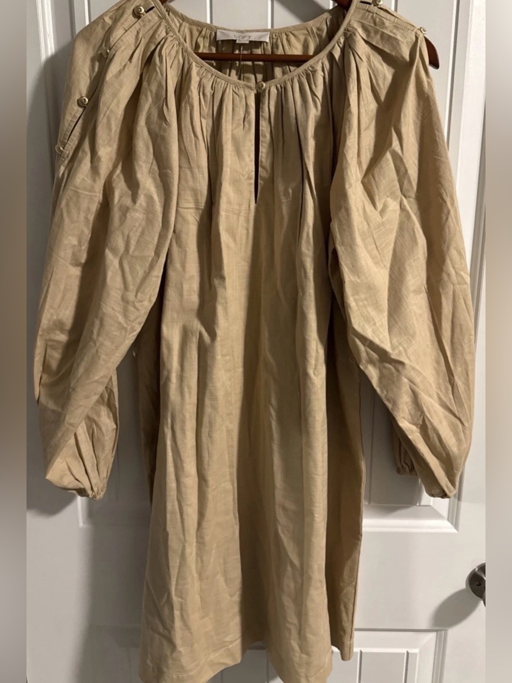 LOFT Women’s Tan Gathered Peasant Dress Lagenlook Boho Retro Sz XS